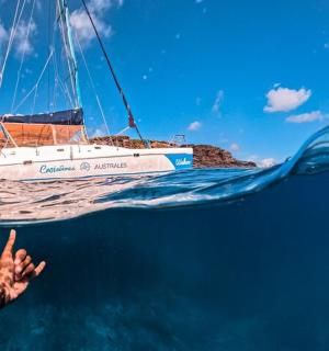 a person is pointing at a boat in the water