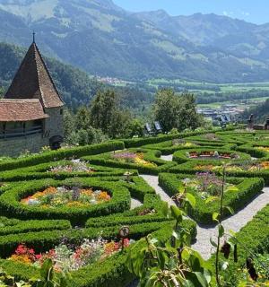 一座有鲜花的花园、一座建筑和一座山