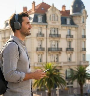Ein Mann mit Kopfhörern steht vor einem Gebäude