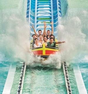 一群人在水中乘坐过山车