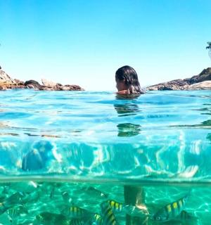 osoba plavající ve vodě poblíž pláže