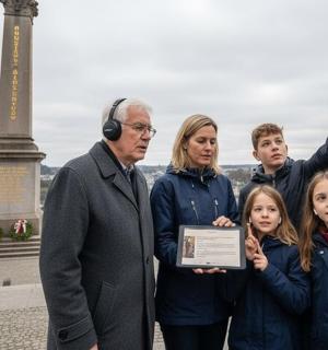 muž a rodina stojící před památníkem