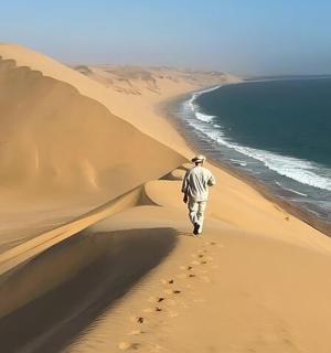 muž kráčející po písečné duně poblíž oceánu