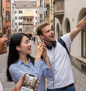 一名男子在街上给两名女子拍照