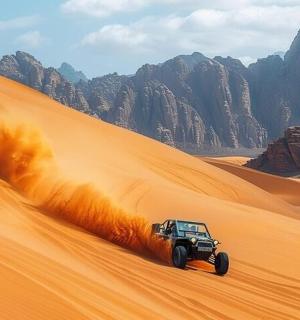 a jeep driving down a sand dune in the desert