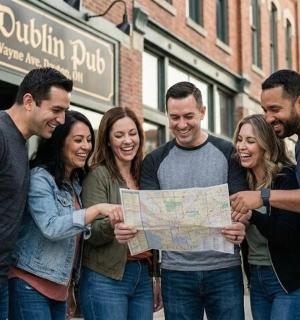 a group of people standing together holding a map