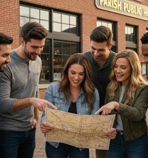 skupina lidí prohlížejících si mapu