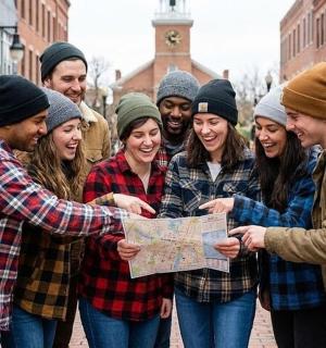 a group of people standing together looking at a map
