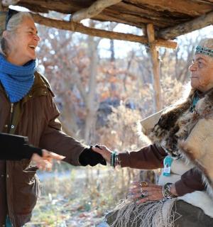 starší žena potřásající rukou ženě