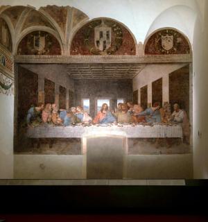 a painting of the last supper on the wall in a church