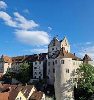 a castle in the middle of a city with roofs