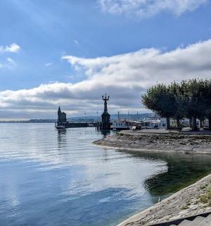 a large body of water with trees and a pier