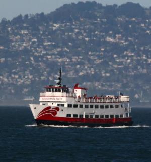 o barcă roșie și albă în apă cu o barcă cu pânze