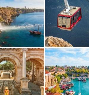 eine Fotocollage einer Stadt und von Wasserfällen