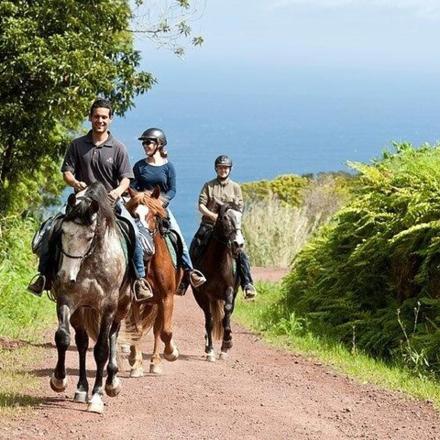drei Personen reiten auf Pferden auf einer unbefestigten Straße