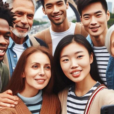 a group of people looking at a cell phone