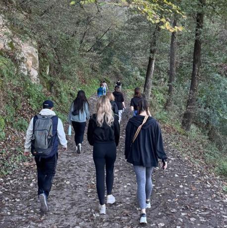 Un grupo de personas caminando por un sendero en el bosque.