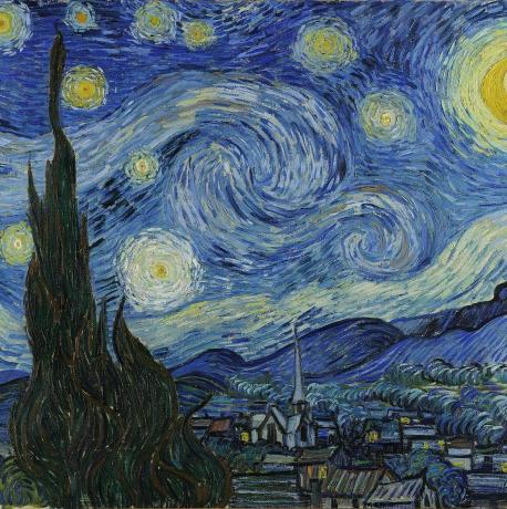 una pintura de un cielo estrellado con un árbol