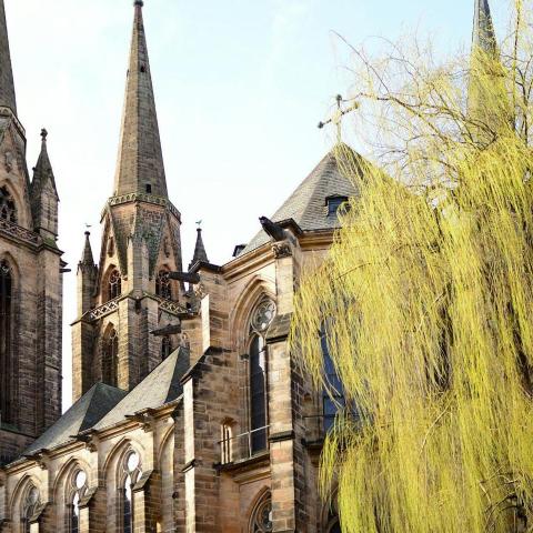 eine alte Kirche mit zwei Türmen und einem Trauerbaum