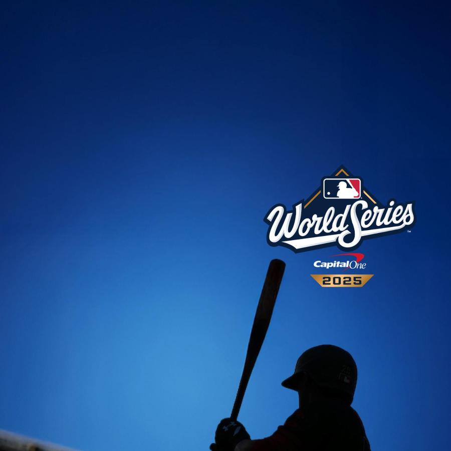 Silhouette of a baseball player raising a bat against a dusk-blue sky in a stadium, with the WORLD SERIES™ presented by Capital One logo in view.