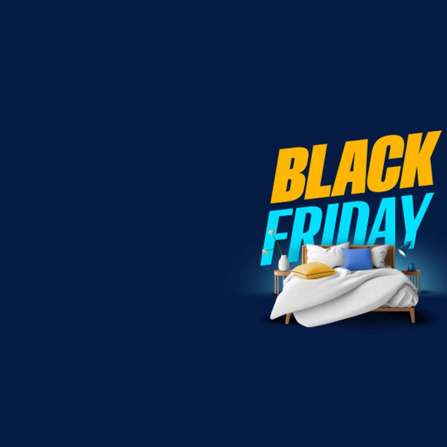 Una cama doble delante de un logo grande del Black Friday