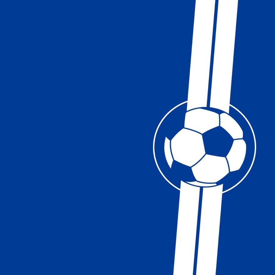 Dark blue background with (on the right-hand side) a blue-and-white image of a football in a thin white circle, with two white diagonal ribbon-like lines passing behind the football