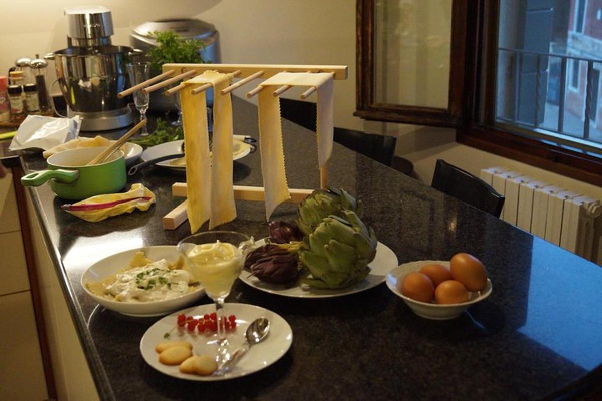 a kitchen with plates of food on a counter