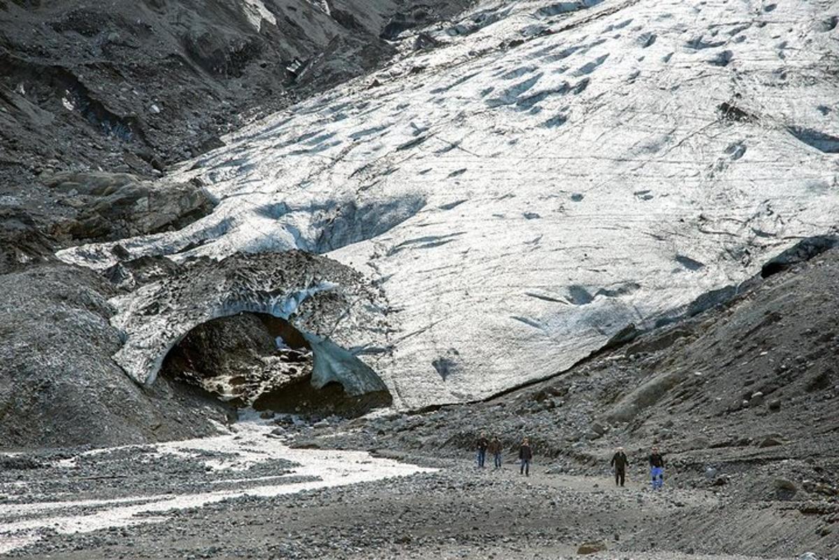 Un grupo de personas de pie frente a una montaña nevada.