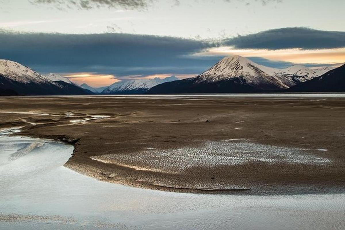 Un cuerpo de agua con montañas cubiertas de nieve al fondo.