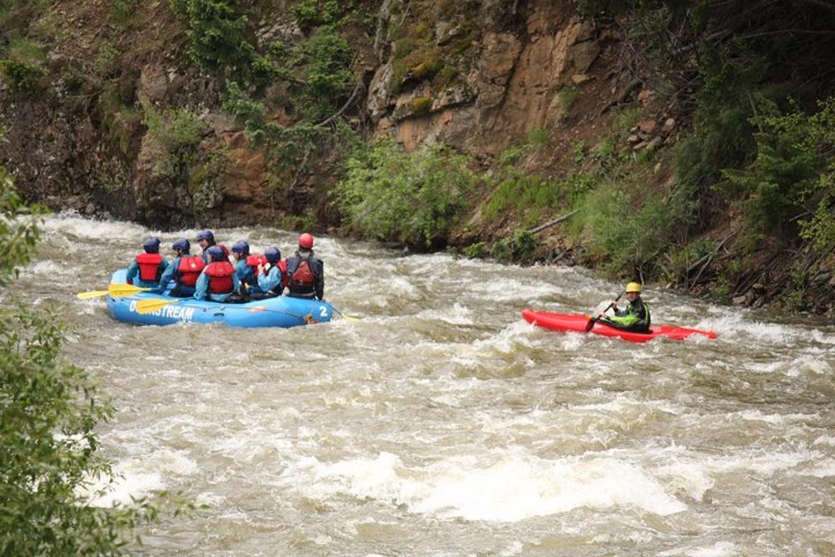 un grupo de personas en balsas en un río