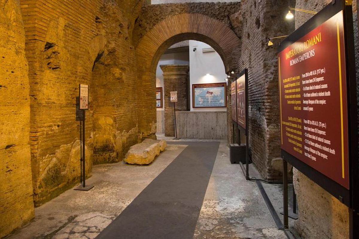a hallway in an old brick building with a sign