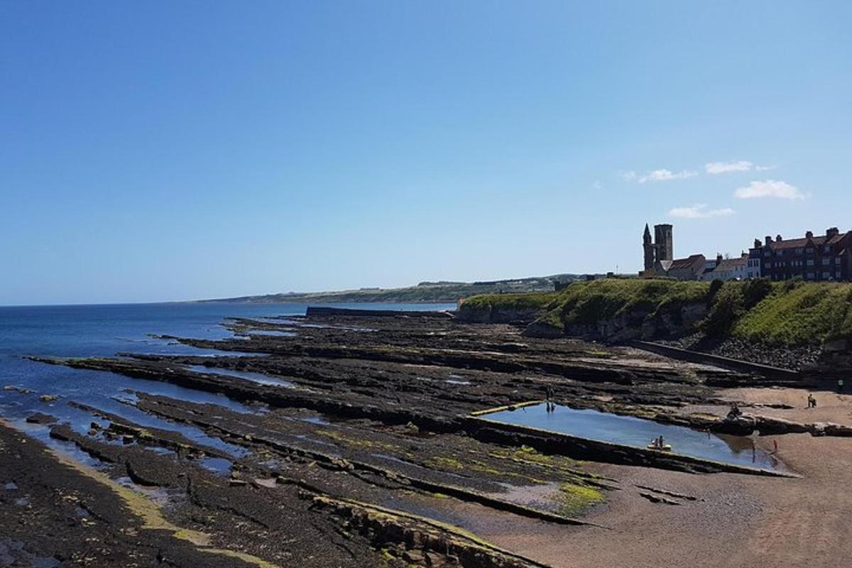 una playa con un montón de rocas y agua