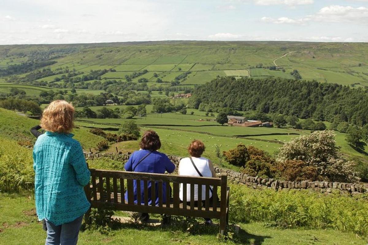 three women sitting on a bench overlooking a valley
