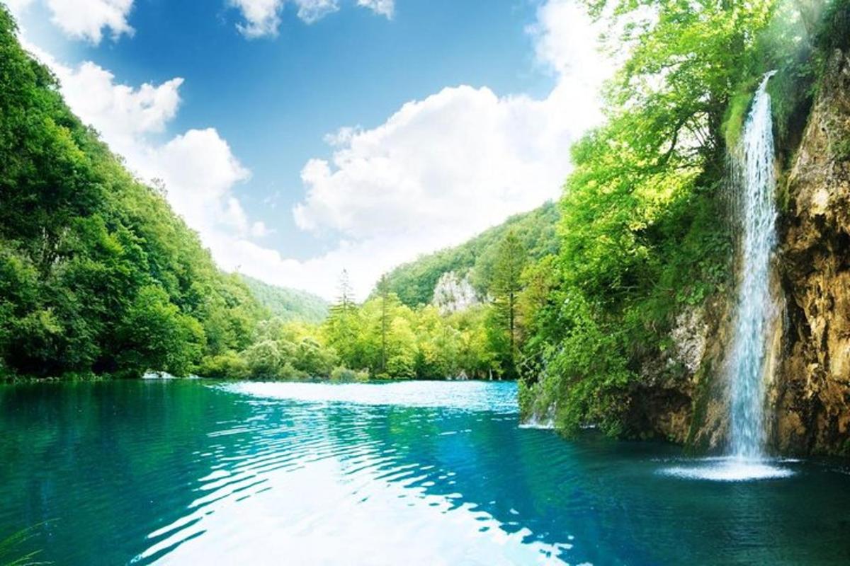a waterfall in the middle of a lake with trees