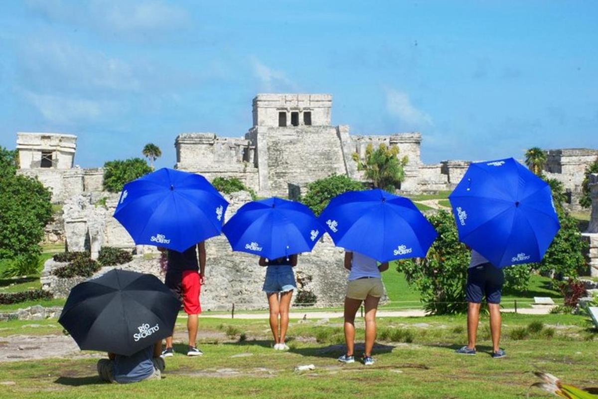 un gruppo di persone con ombrelli blu davanti a un castello