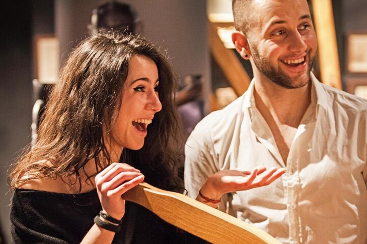 a man and a woman looking at a paper