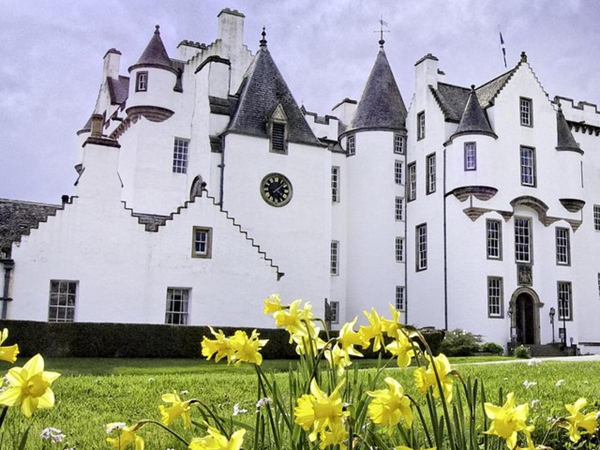 et stort hvitt slott med gule blomster i forgrunnen