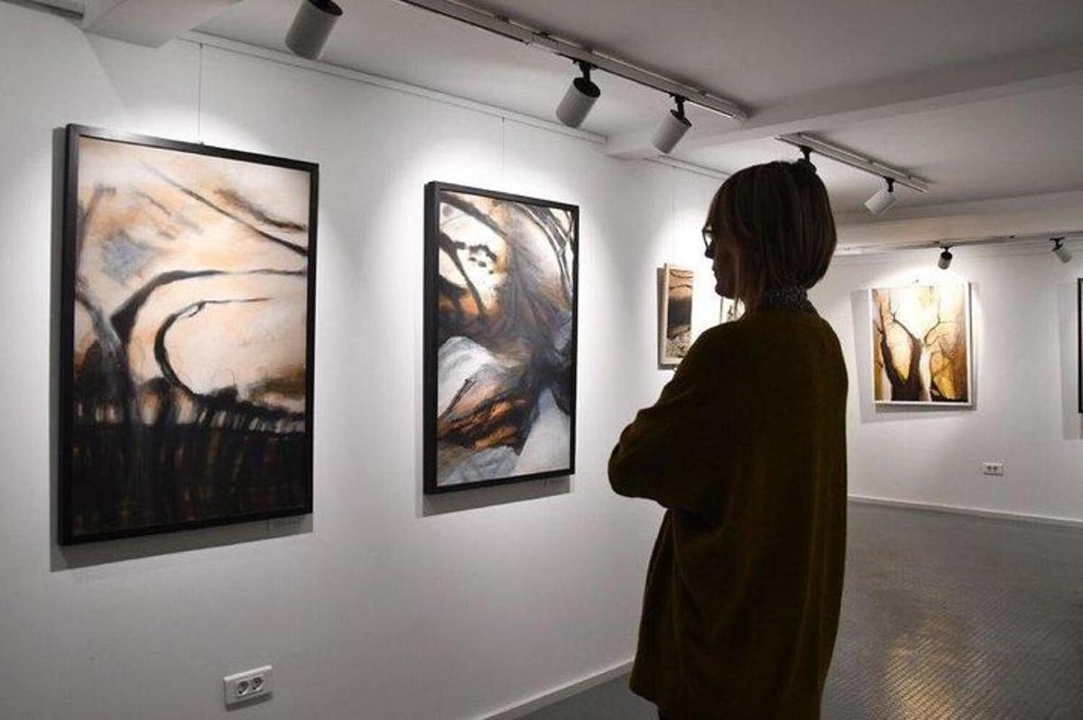 una donna che guarda l'arte in una galleria