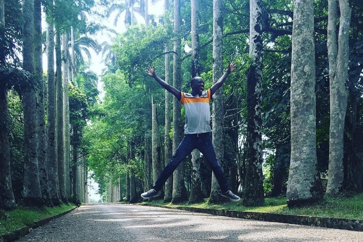 un uomo è in piedi in mezzo a una foresta