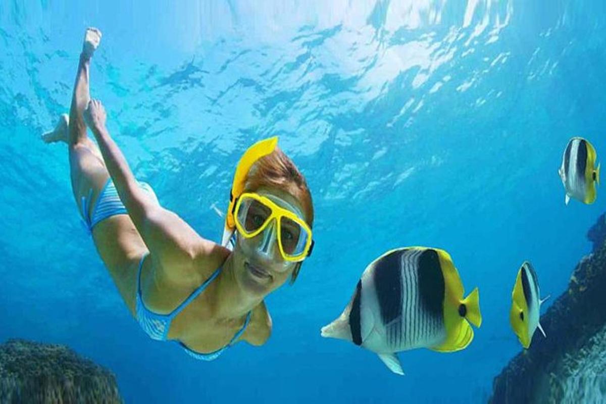una donna che nuota nell'acqua con un pesce