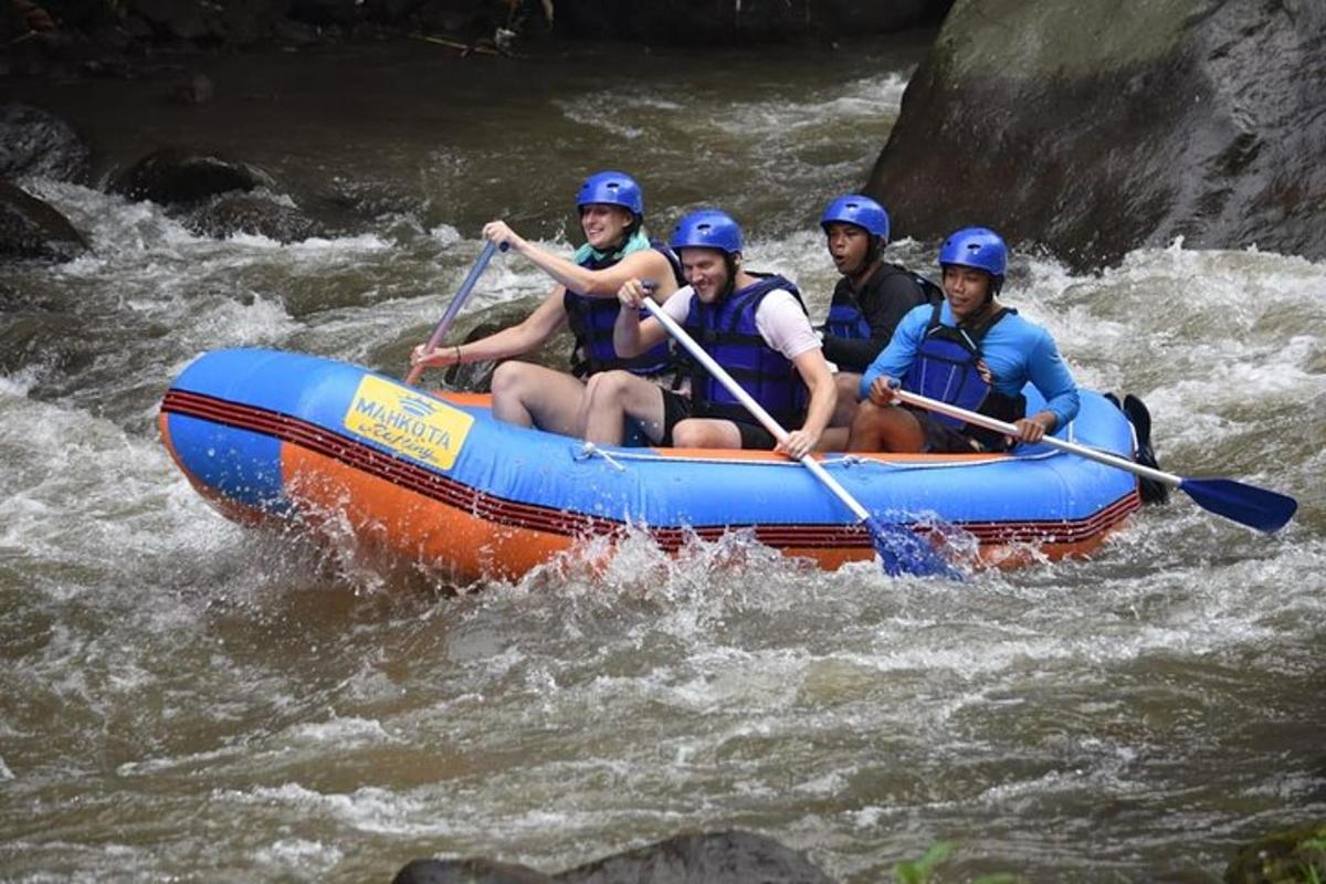 a group of people in a raft on a river