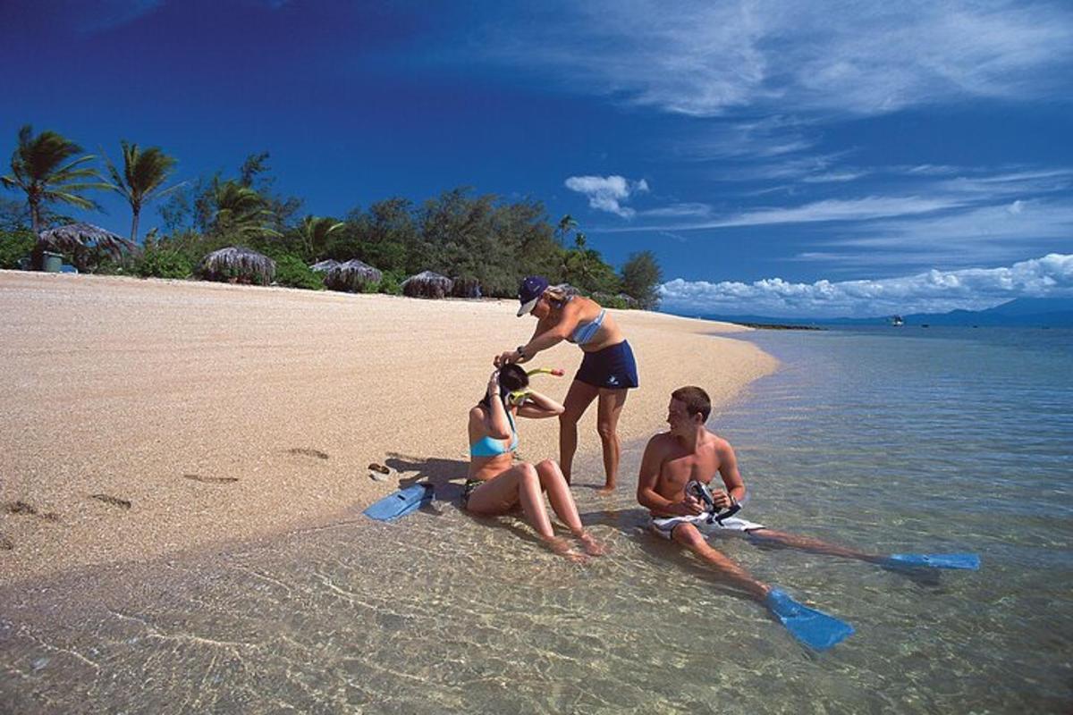 a group of people sitting on a beach