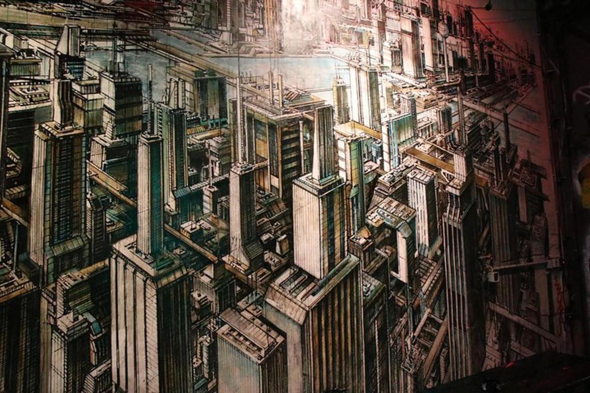 una pintura de una ciudad con edificios