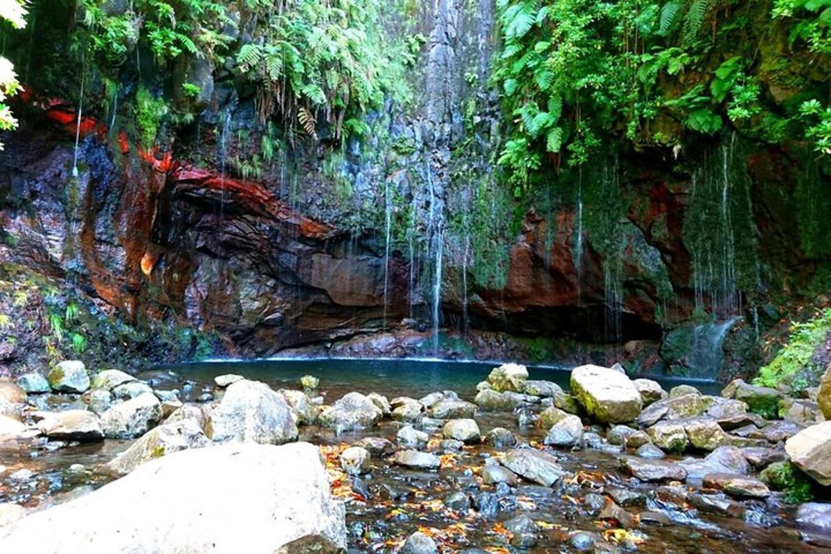 a pool of water in a river with waterfall