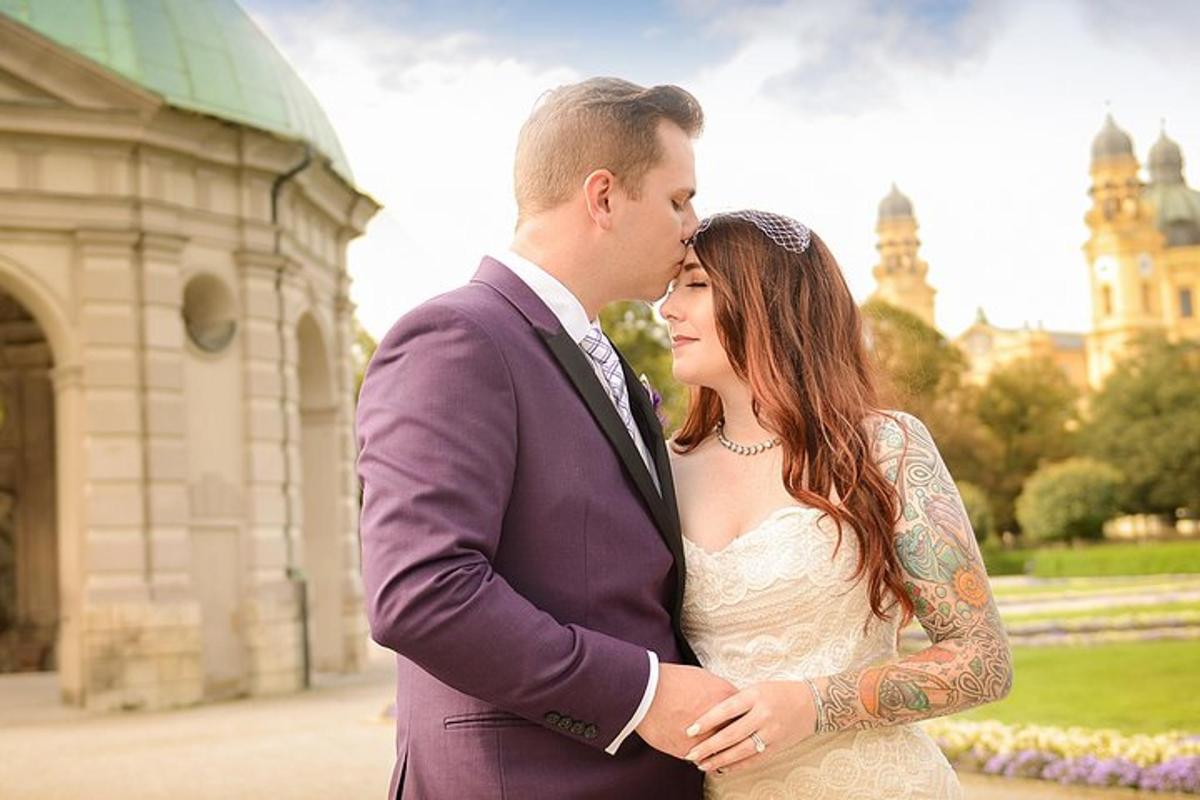 a bride and groom kissing in front of a building