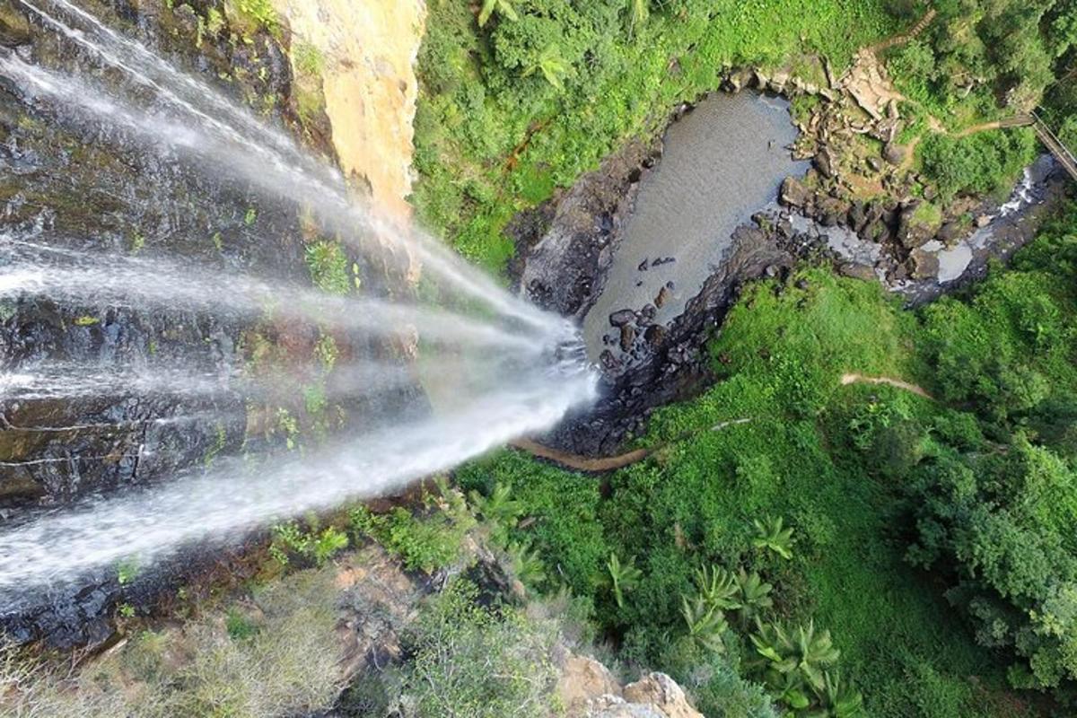 an aerial view of a waterfall in a forest