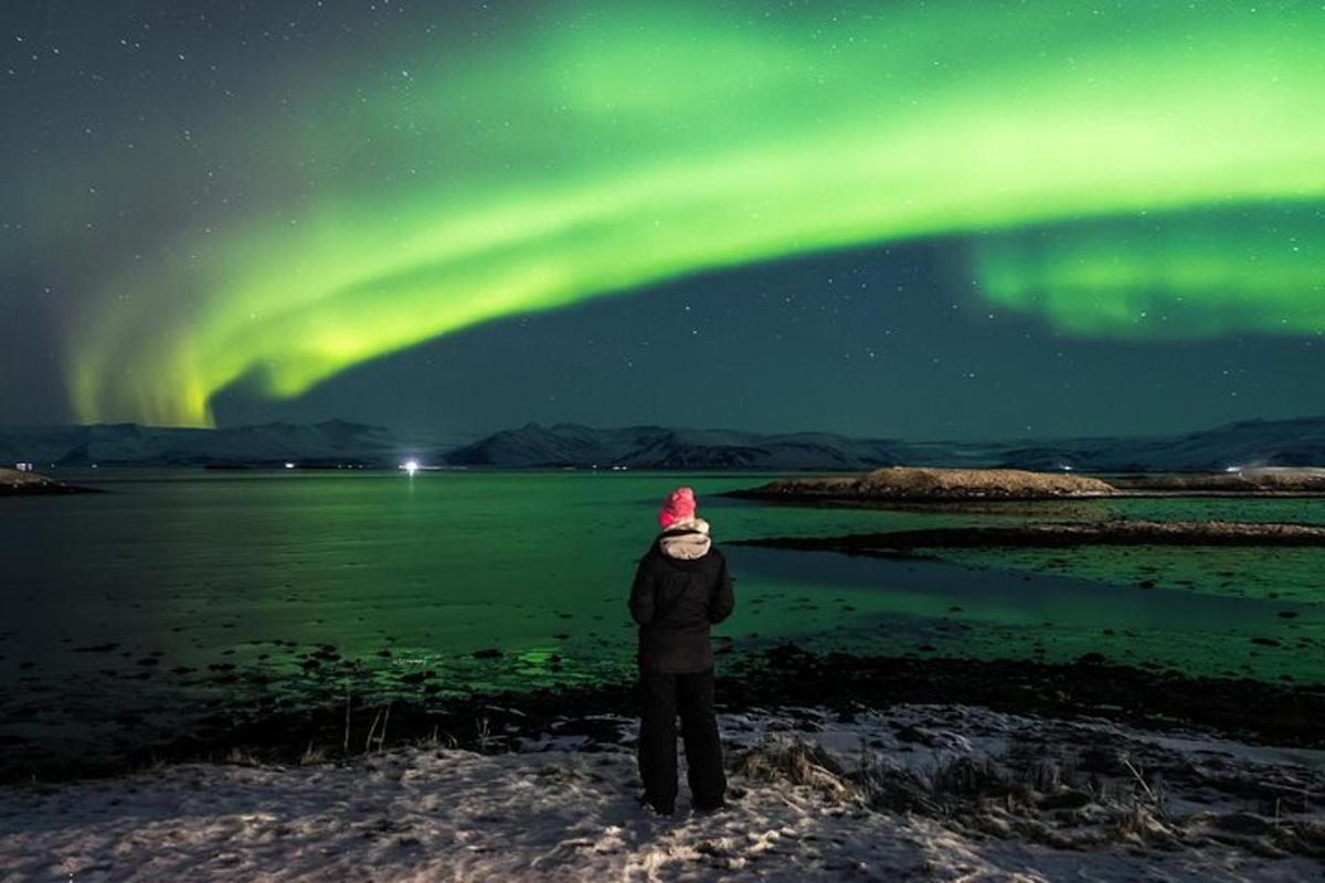 seseorang sedang berdiri di bawah aurora di langit