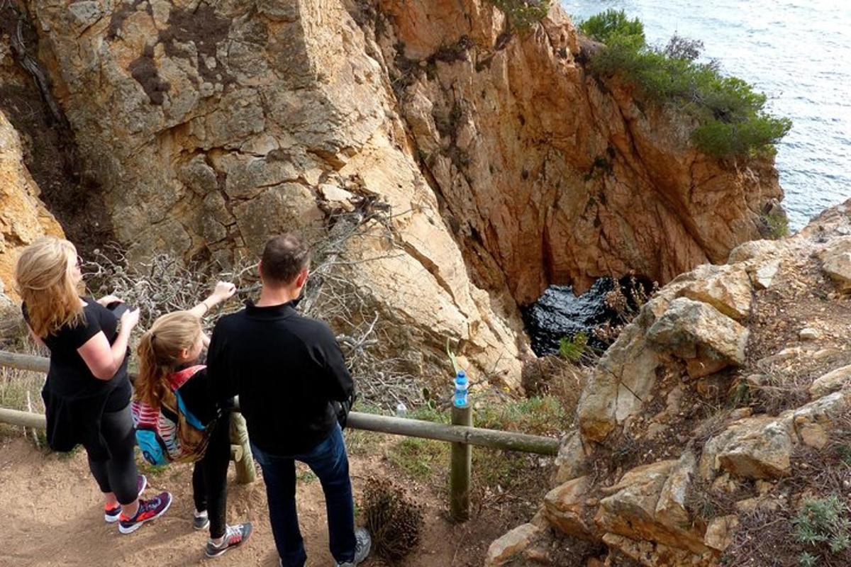 a group of people standing on a cliff looking at the water