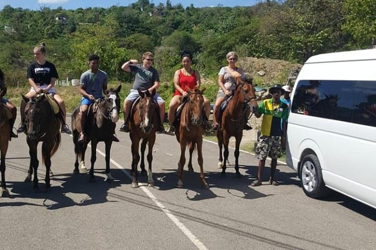 skupina lidí jezdících na koních na silnici vedle dodávky