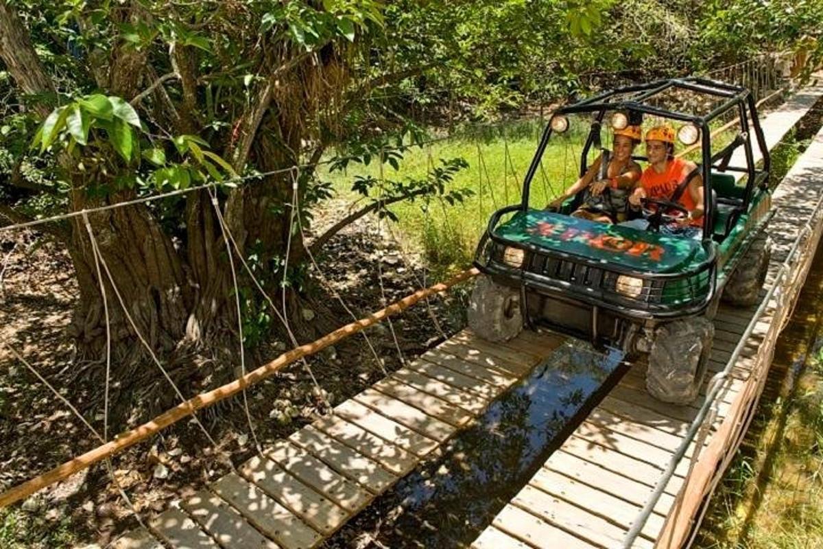 un grup de oameni care călătoresc într-un trenuleț de jucărie